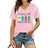 Ithalt Easter Shirts for Women: Easter Bunny Tshirt Cute Rabbit Graphic T-Shirt Easter Gifts Tops Holiday V Neck Shirt