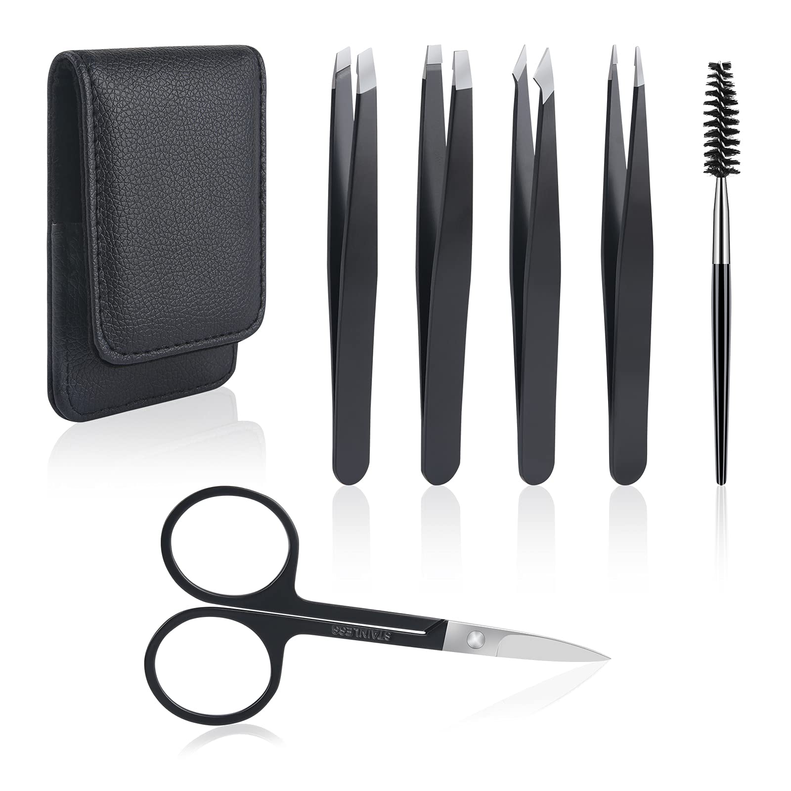 URAQT Eyebrow Tweezers Set, 6 Pieces Professional Stainless Steel Precision Tweezer Eyebrow Scissors Eyebrow Brush Kit with Leather Storage Case, for Eyebrows Plucking, Facial Hair Remover