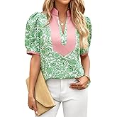 Cicy Bell Womens Floral Short Puff Sleeve Tops V Neck Patchwork Boho Summer Blouses Dressy Casual Shirts