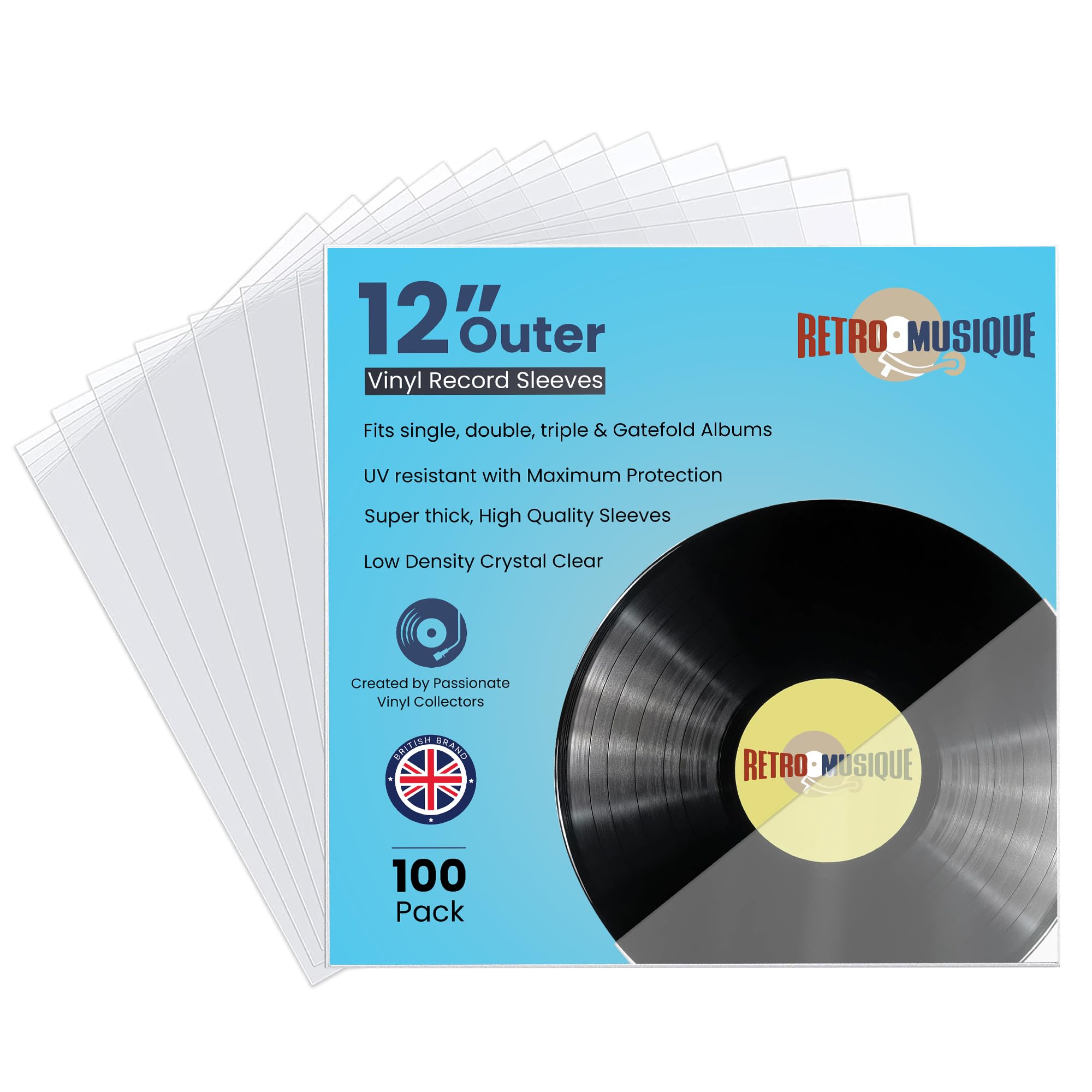 Retro Musique Pack of 100 x 12 Inch Outer Vinyl Record Sleeves-Crystal Clear, Wrinkle Free, Plastic Covers for Gatefold LP Albums-Strong and Durable Polyethylene Album Sleeves, (KXRM38)