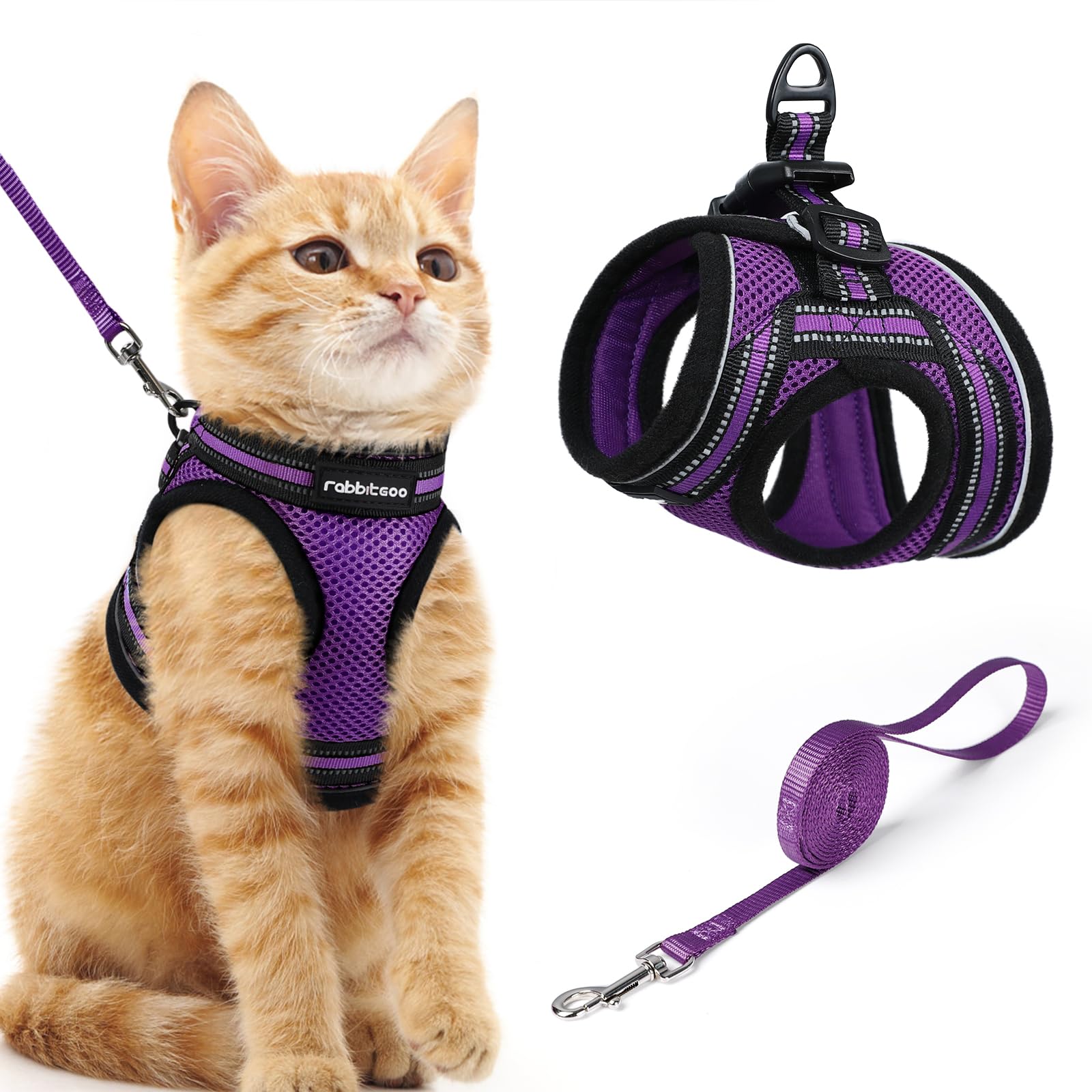 rabbitgoo Cat Harness and Leash Set for Walking Escape Proof, Adjustable Soft Kittens Vest with Reflective Strip for Extra Small Cats, Comfortable Choke-Proof Outdoor Vest Harness, Purple, M