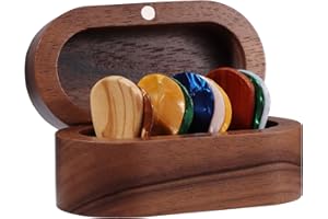 Walnut Guitar Stand Set with 2 Color Wooden Picks and 8 Celluloid Picks (4 Thickness), Mini Jewelry Box, Brown Wood Trinkets,