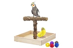 BNOSDM Portable Bird Perch Stand with Potty Tray, Natural Wood Tabletop Training Gym Parrot Playground Toy for Budgies, Cockatiels, Lovebirds,Conures