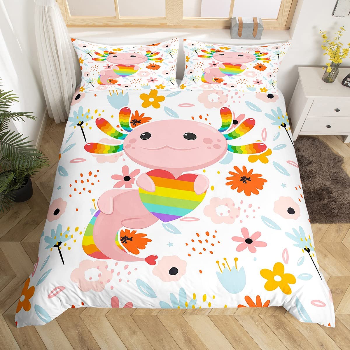 Cute Pink Axolotl Duvet Cover King for Children,Girly Colorful Flowers Bedding Set Room Decor Gift Comforter Cover,Rainbow Stripes Roman Quilt Cover with 2 Pillowcases, 3 Pieces, Soft