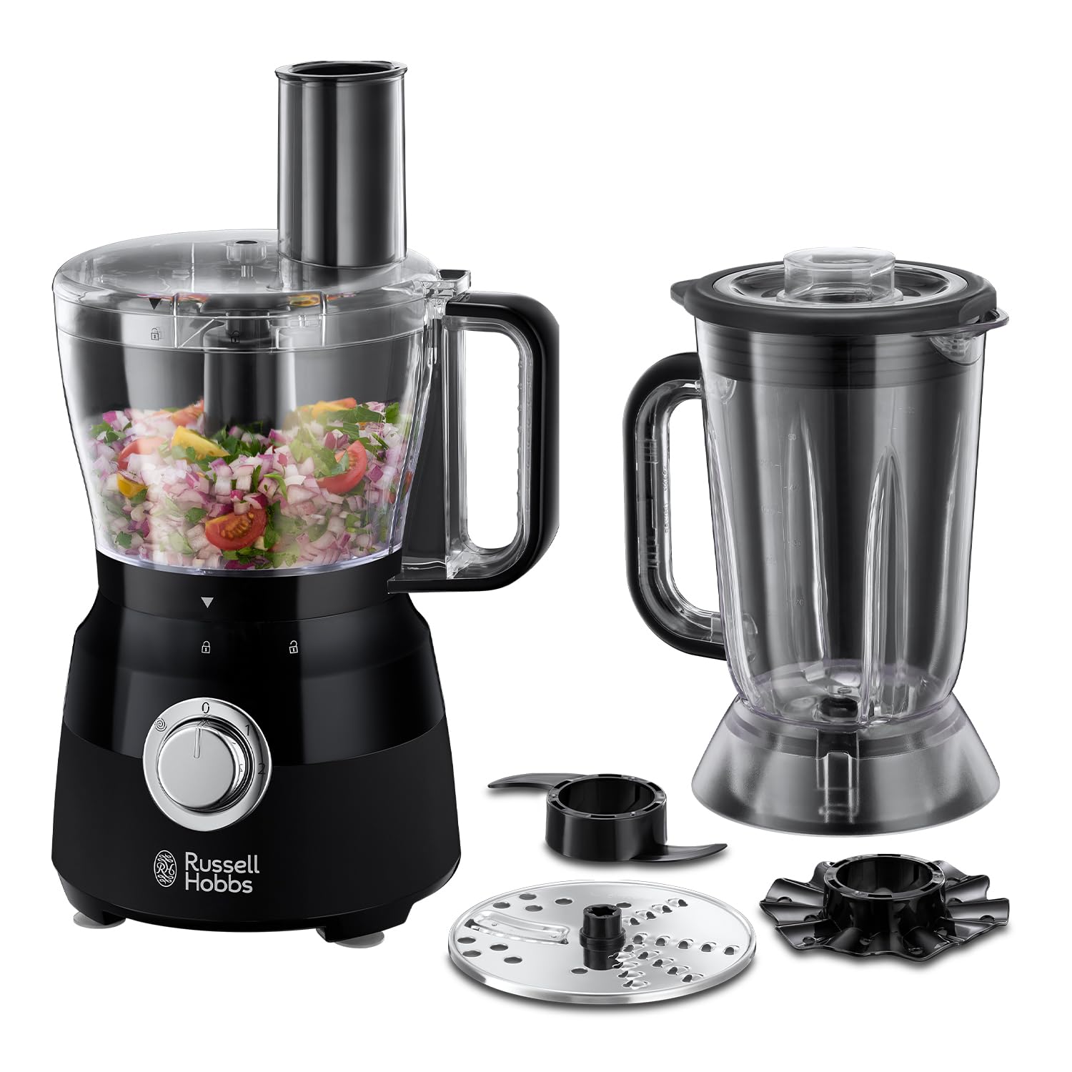 Russell Hobbs Desire Electric Food Processor, Bowl with 1.5L usable capacity, 1.5L Plastic jug, Stainless steel blades, reversible slicing/shredding disk, dough hook & creaming disk inc, 600W, 24732