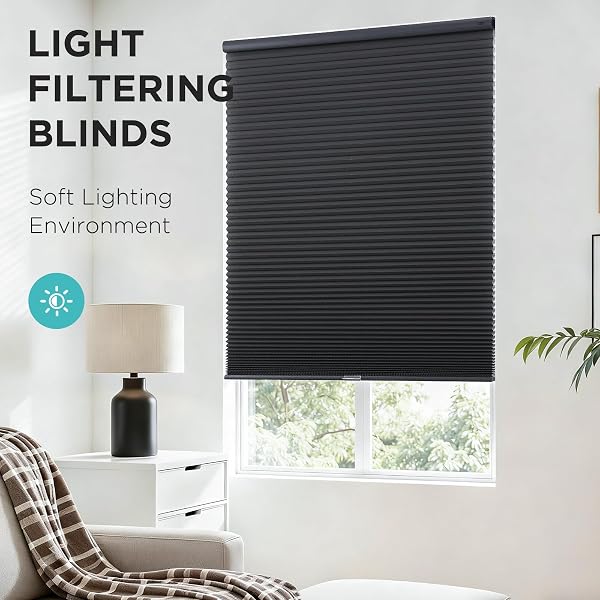 JOYDECO NO TOOLS NO DRILL CORDLESS CELLULAR SHADES, LIGHT FILTERING HONEYCOMB BLINDS FOR INDOOR WINDOWS, THERMAL INSULATING & NOISE REDUCING (BLACK, 26″ W X 64″ H)