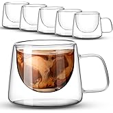 Rtteri 6 Pcs 6.7 oz Double Wall Glass Coffee Mugs Espresso Mugs with Square Handle Glass Cappuccino Cups Tea Clear Coffee Insulated Cups Gift Set for Latte Tea Bag Beverage Cafe Kitchen