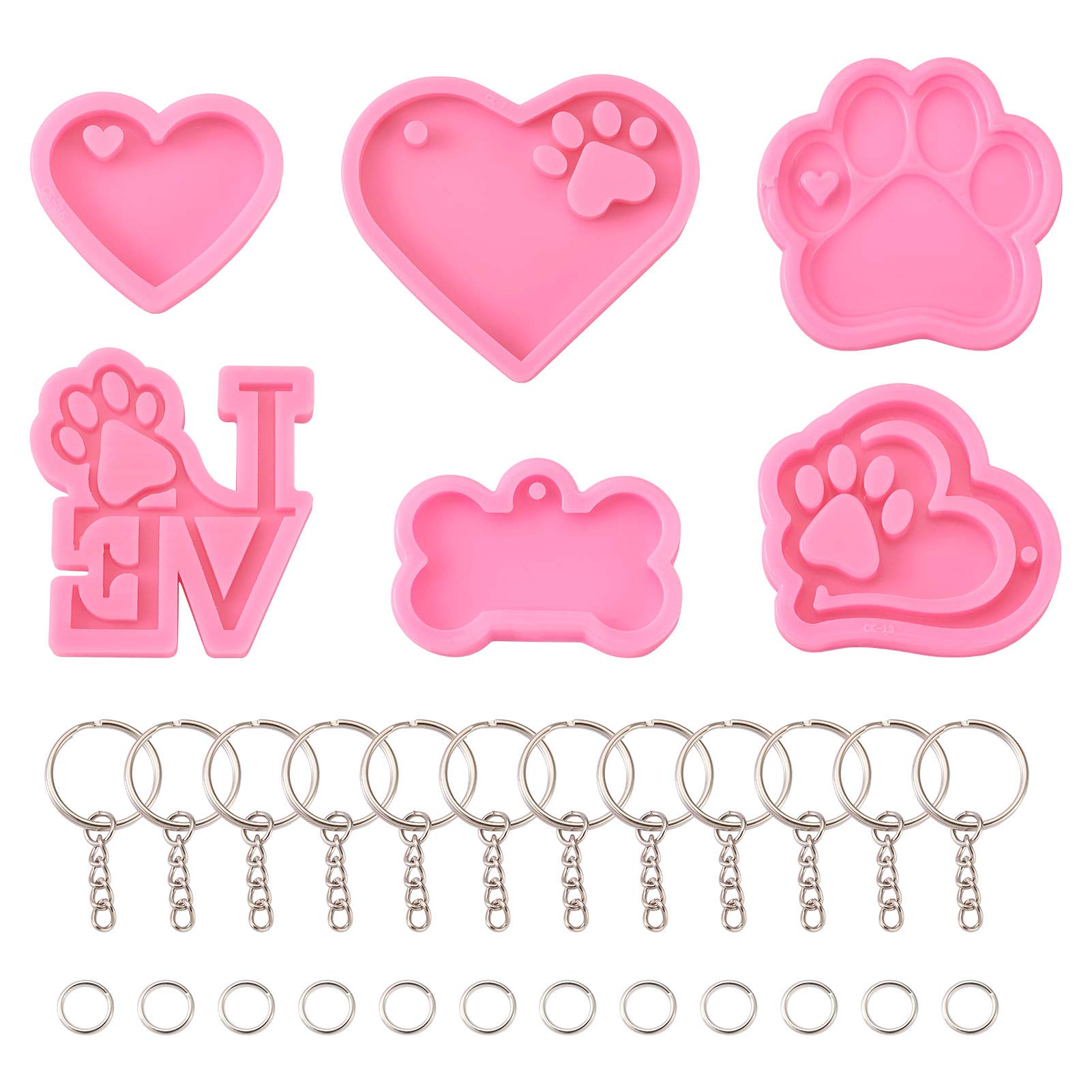 Cheriswelry 38pcs Resin Pendants Moulds Kits for Pet Heart Dog Paw Word Love Silicone Mould with Keyring Clasps for Jewellery Making Resin Casting