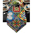 Mexican Talavera Ceramic Tile Pattern Linen Table Runners Dinner Table Setting Dresser Scarves Farmhouse Style for Party Holidays Home Kitchen Decoration (Mexican Talavera, 13"x 71")