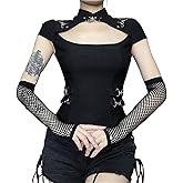 Inpunktoo Goth Cut Out T Shirt Top for Women Y2k Mandarin Collar Punk Fitted Short Sleeve Grunge Gothic Western Cute