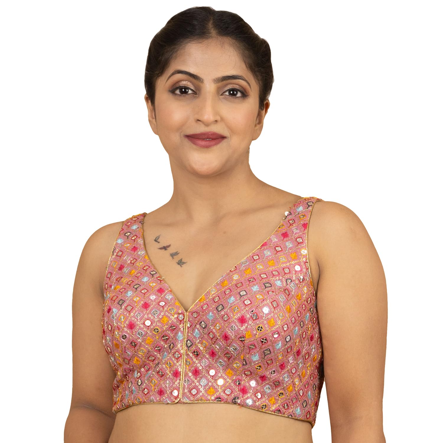 Photo 1 of Women's Sequin Embroidered Designer Zari Lace Mirror Work V Neck Sleeveless Readymade Saree Blouse Padded Stitched Lining Plus Size Pink Red Yellow White Maroon Multicolor Top E4 (Blush Pink, 36)