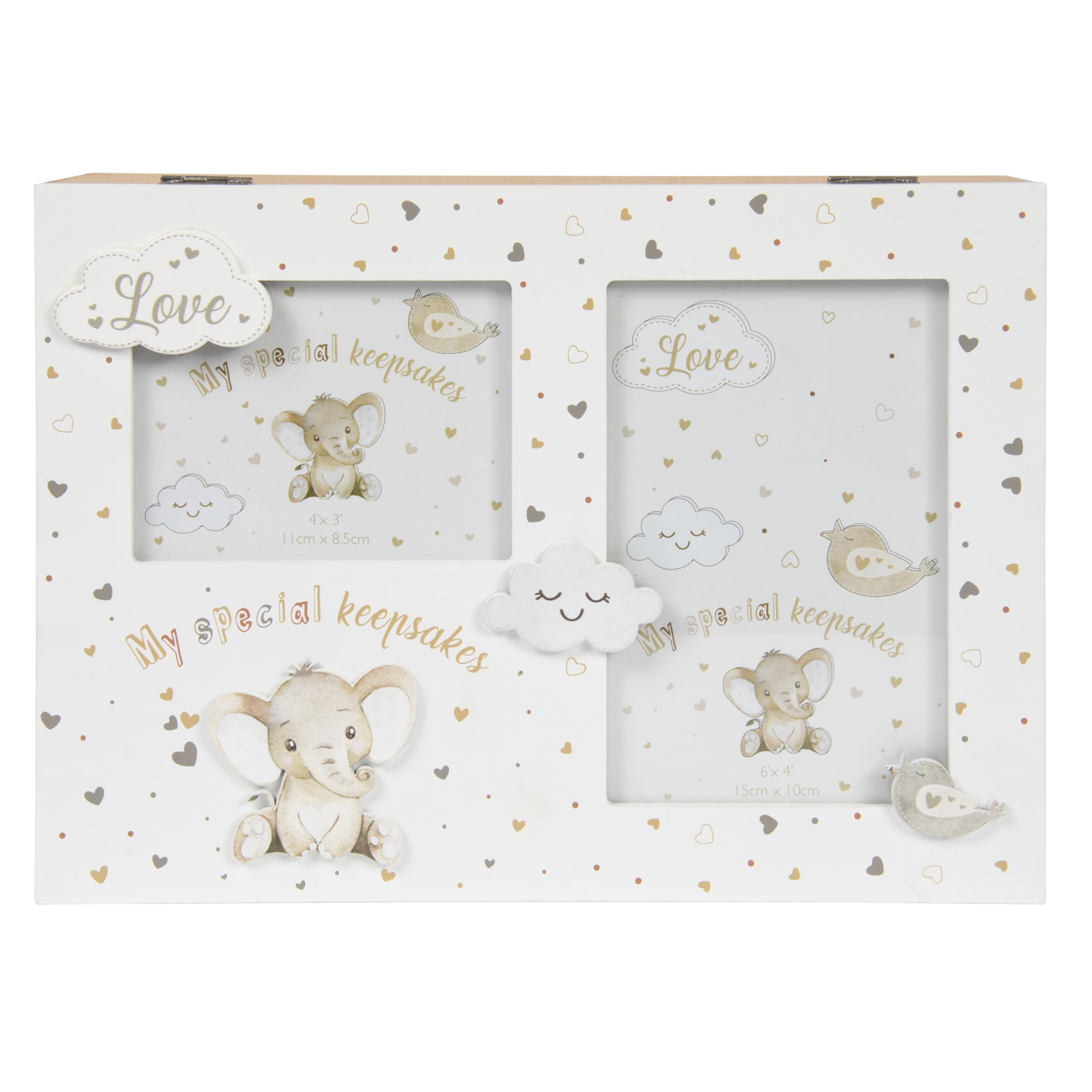 My Special Keepsakes Box with Photo Frame Lid | Baby Boy or Girl Keepsake Wooden Memory Box in Gender Neutral Colours with Cute Baby Elephant Design, Large Size (26 x 19 x 9cm)