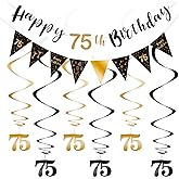75th Birthday Decoration Kit - Happy 75th Banner Bunting Swirls Streamers, Triangle Flag Banner for Party Decorations - Black and Gold