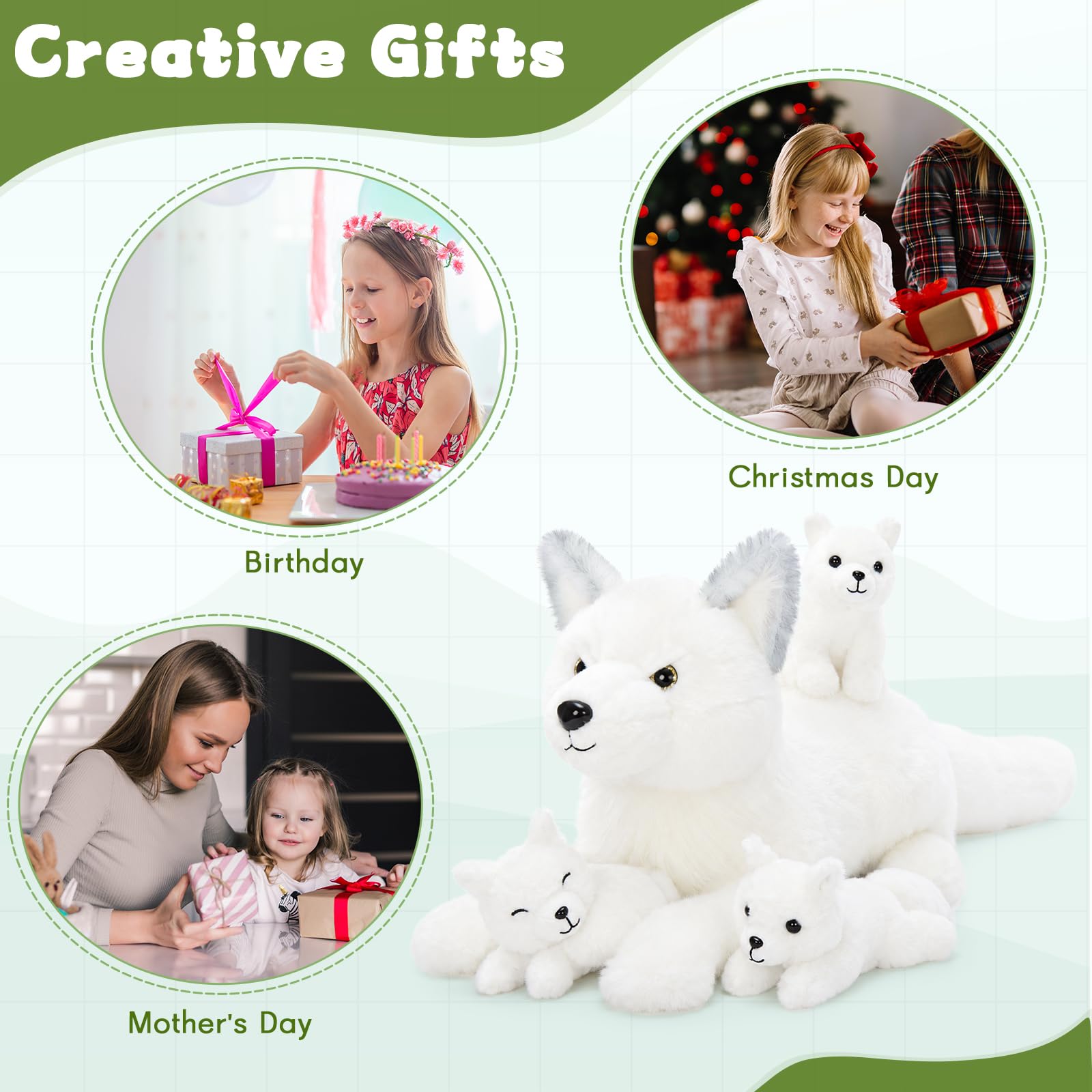 MorisMos groß weiß Fuchs Kuscheltier XXL mit Baby im Bauch, 55cm lang weich riesen Fuchs Stofftier Plüschtier, Geburtstag Weihnachten Geschenk für Kinder Baby 5