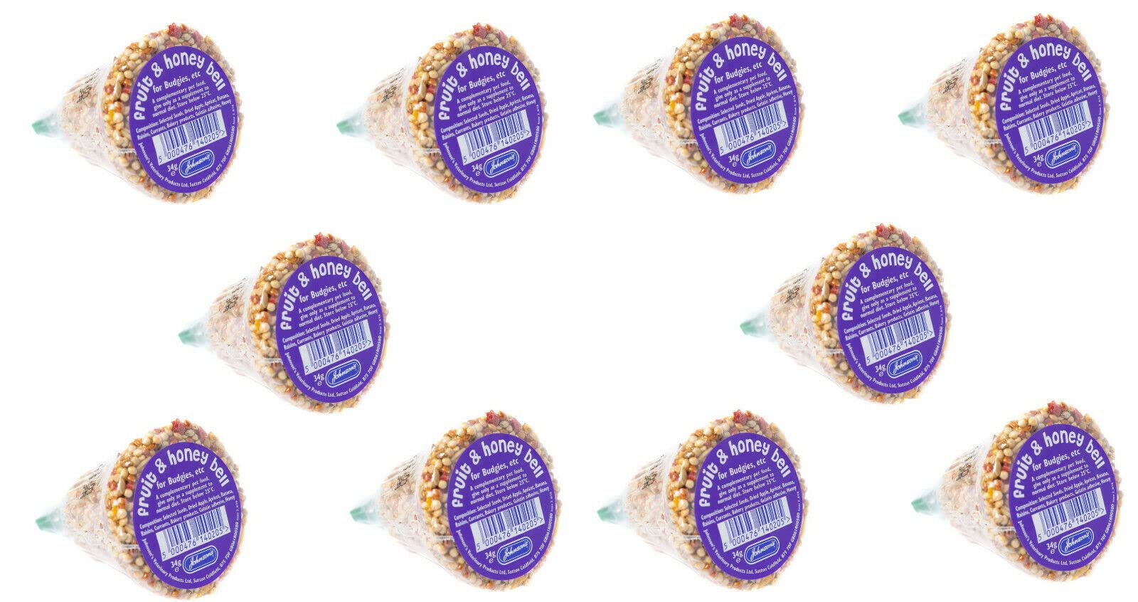10 PACK JOHNSONS FRUIT & HONEY BELL HANGING BUDGIE PARAKEET SMALL BIRD TREAT BELL 34G