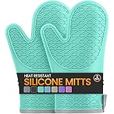 Silicone Oven Mitts, Heat Resistant 2PCS Oven Mitts with Soft Cotton Lining, Waterproof Non-Slip Grip Oven Glove, Kitchen Potholder Mits for BBQ, Baking, Cooking, 12.5 Inch - Green