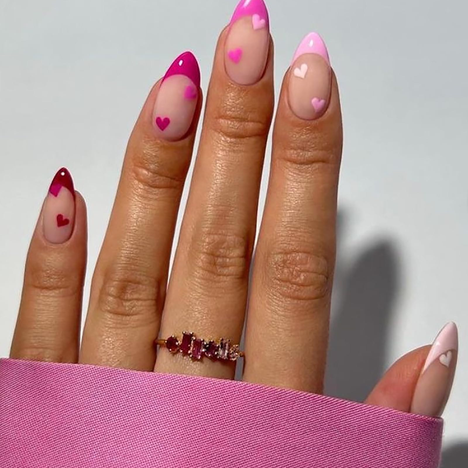 Photo 1 of 24Pcs Purple Pink French Tip Press on Nails Medium Almond Fake Nails with Colorful Heart Designs Valentines Heart Press on Nails Artificial Nails Press ons Holiday Glue on Nail for Women Nail Decor