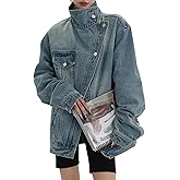 Dawery Women's Asymmetry Single-Breasted Turtleneck Denim Coat Full Sleeve Patchwork Versatile Jacket High Street Outwear