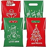 Funrous 100pcs Christmas Treat Bags Bulk Plastic Christmas Goodie Candy Favor Gift Bags with Handles for Holiday Cookie Goody Snacks Gifts Wrapping Xmas Party Favor Supplies, 6.7 x 9.8 Inch