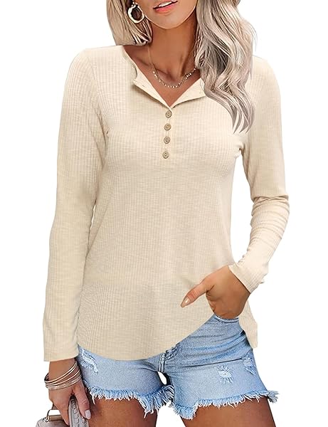 ZOOMOON WOMEN’S HENLEY TOPS LONG SLEEVE SHIRTS RIBBED...