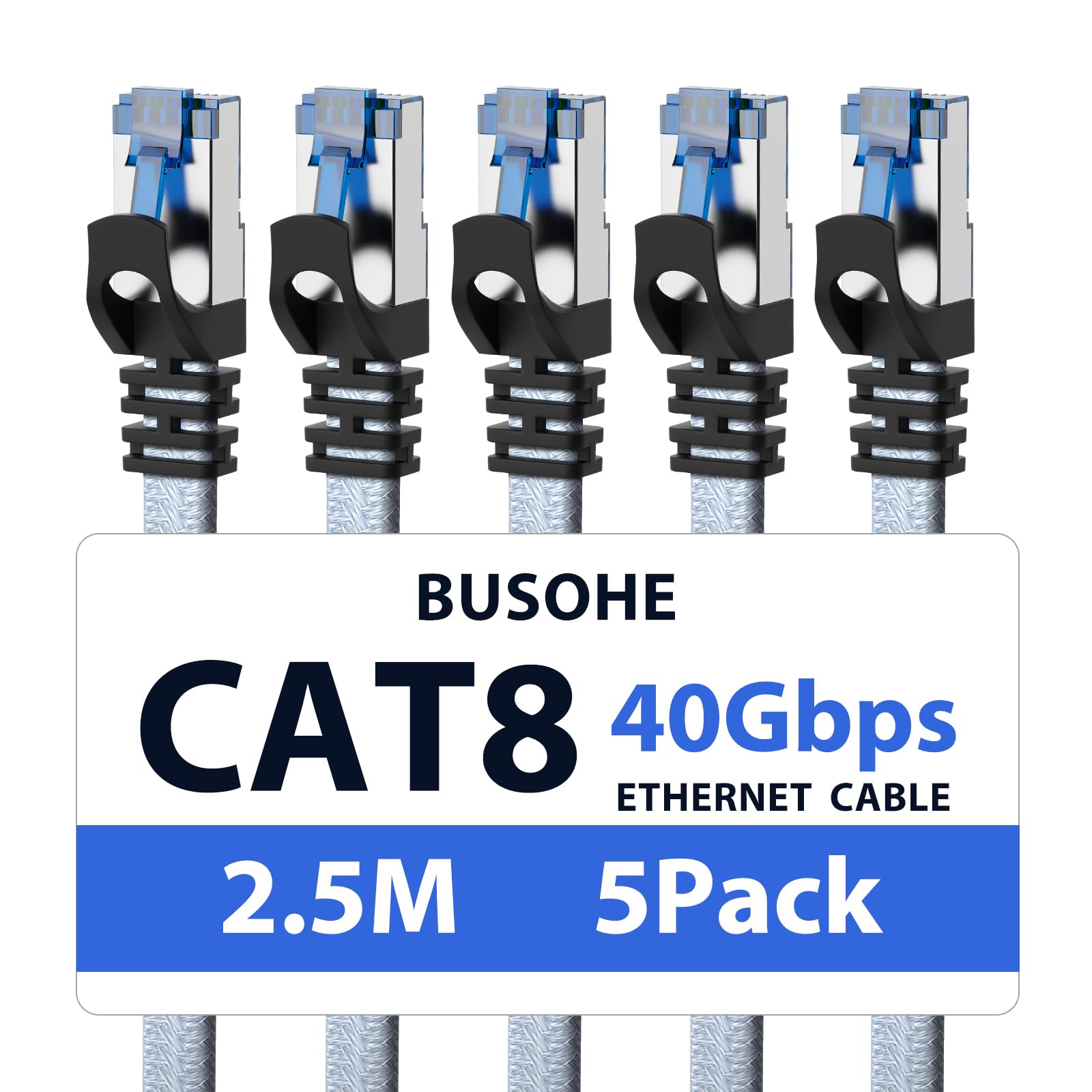 BUSOHE Cat 8 Ethernet Cable 2.5m (5 Pack), High-Speed 40Gbps 2000MHz Network Cable Braided Flat Gigabit Rj45 STP Shielded Internet Network Lan Cable Cord Compatible with PC, Laptop, Routers, Modem — image 1