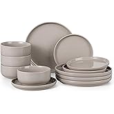 HaWare Stoneware Dinnerware Sets, 12-Piece Plates and Bowls Set for 4, Dishes Set for Home Restaurant, Speckled Cream Coffee
