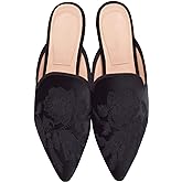 Fericzot Women's Velvet Backless Pointed Toe Slip On Loafers Flats Embroidery Mule Slippers Shoes