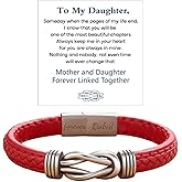 Mother and Daughter Forever Linked Together Braided Leather Bracelet, Inspirational Wristband for Women Stainless Steel Infinity Knot Engraved Leather Bangle Daughter Gift from Mom