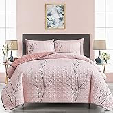 UOZZI BEDDING 3 Pieces Reversible Pink Branch Quilt Set King Size 102x88 Soft Microfiber Lightweight Coverlet Bedspread Summer Comforter Set Bed Cover for All Season (1 Quilt+ 2 Shams)