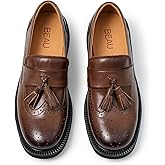 BEAU TODAY Tassel Loafers for Women, Genuine Leather Loafers, Brogue Wingtips Dress Shoes for Women, Breathable Slip-on Dress Flat Shoes for Business Work Casual