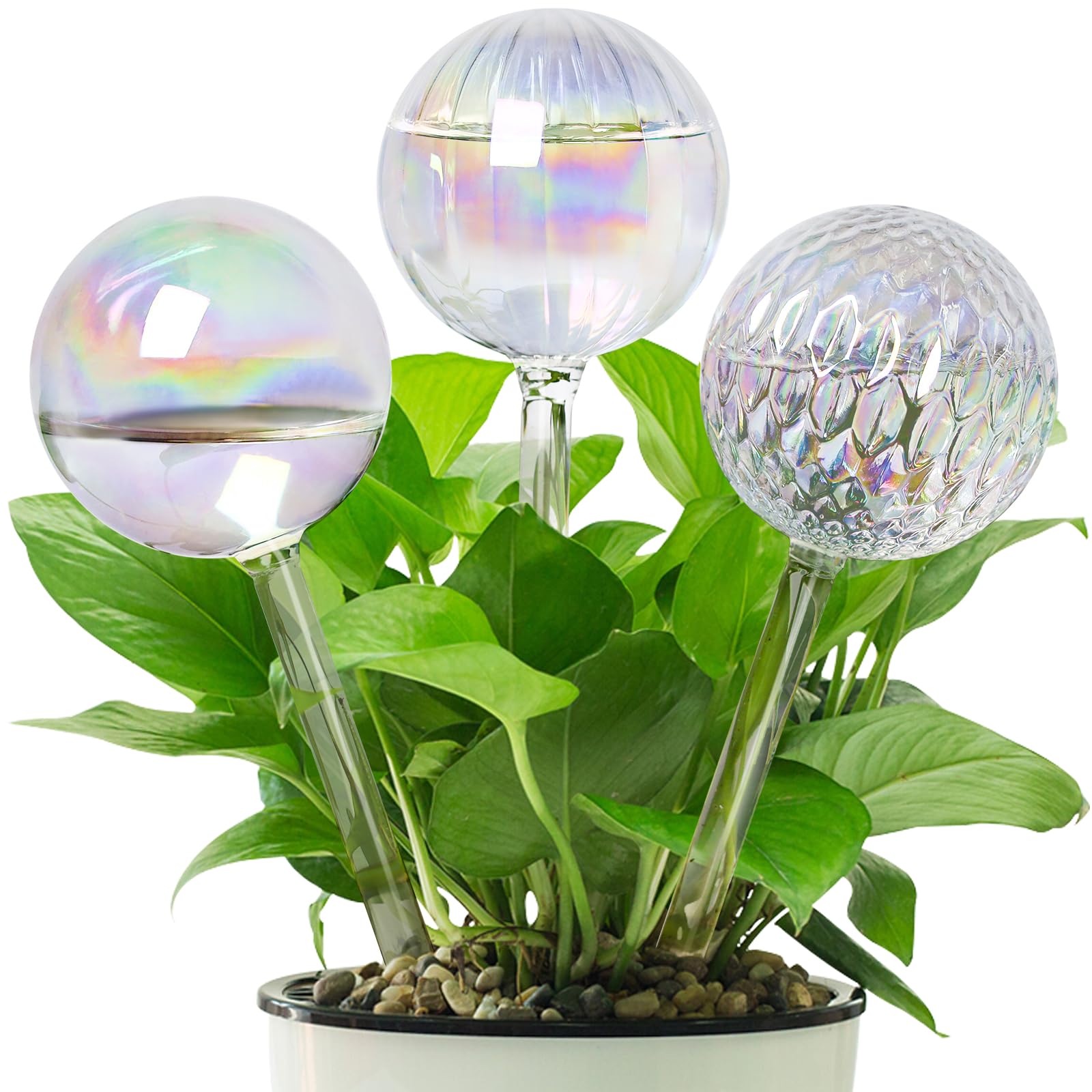 MOANYI Plant Watering Globes Set of 3, Light Iridescent Color Clear Glass Automatic Plant Waterer Bulbs, 6.4oz/190ml Capacity Self Watering Globes Planter Insert Devices