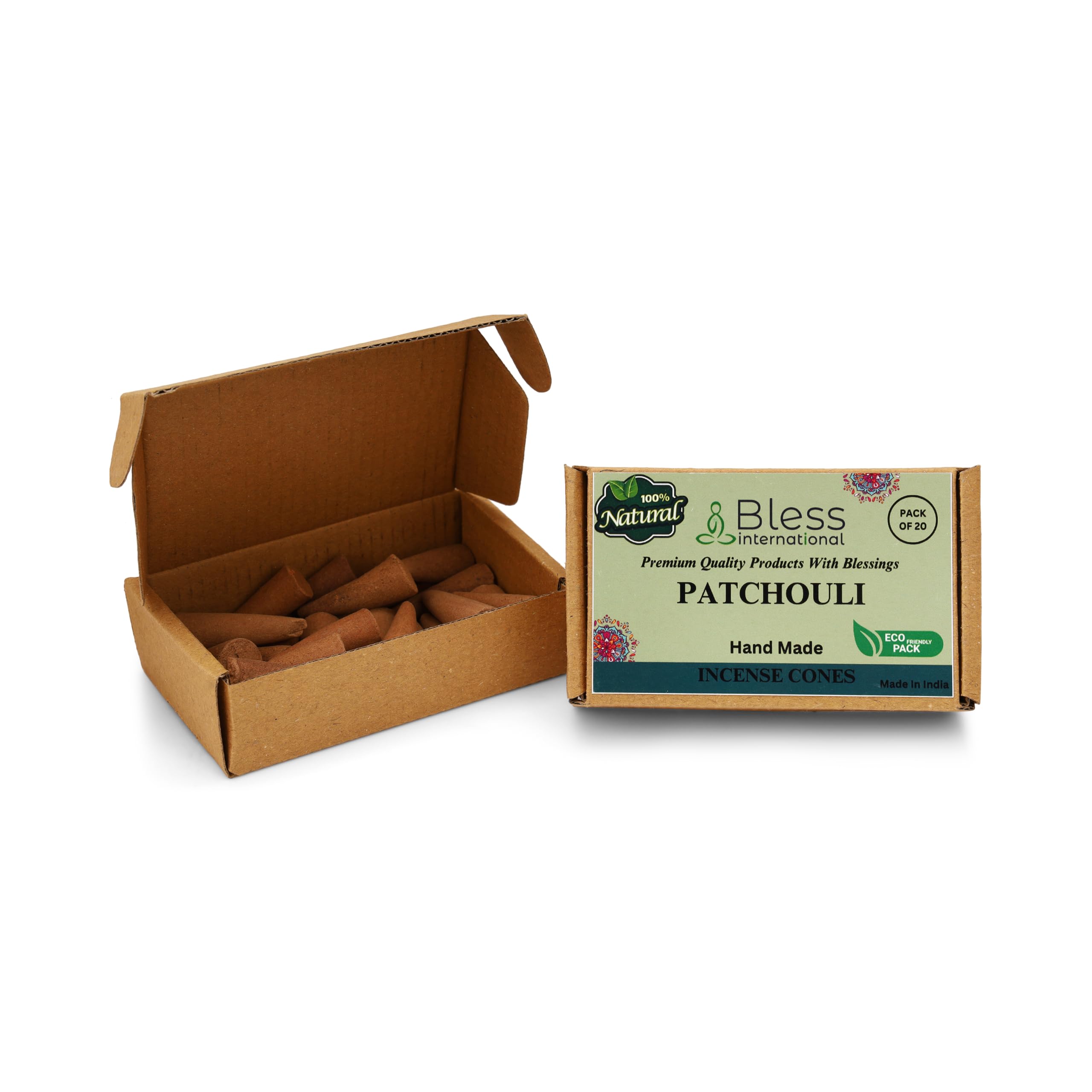 Bless International Patchouli 100%-Natural-Incense-Cones Handmade-Hand-Dipped Organic-Chemicals-Free for-Purification-Relaxation-Positivity-Yoga-Meditation The-Best-scents (20 Count)