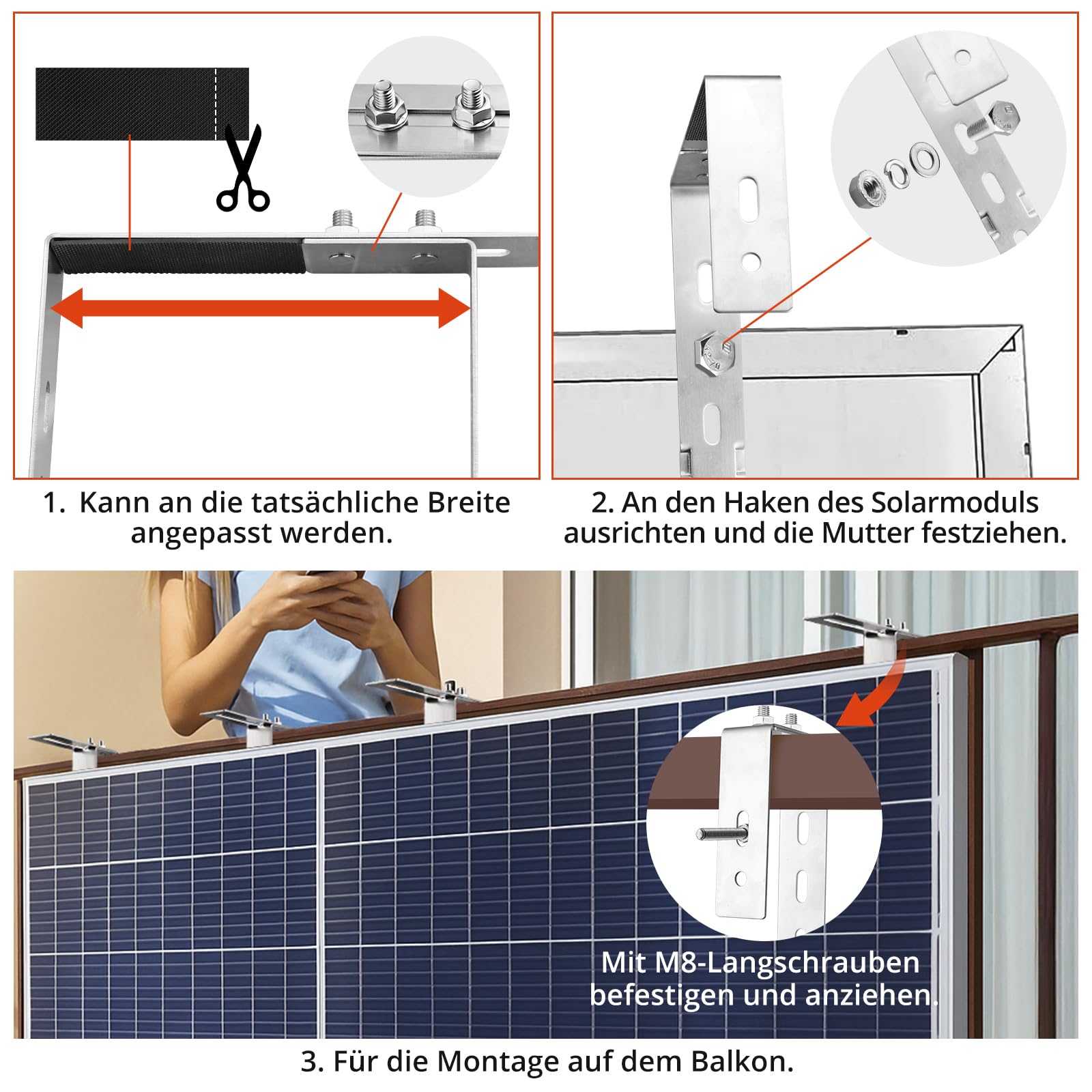 GETLITOOL 4×Solar Balkonkraftwerk Halterung 65-190MM Verstellbare Balkonhalterung für Solarmodule, Edelstahl 304 Balkon Haken Set, Solarpanel Halterung Kein Bohren zur Runde Eckig Balkongelände 4