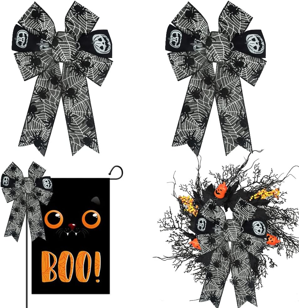 Bows & Ribbons - Hying 2PCS Halloween Bow for Wreath, White Pumpkin Wreath Bow for Halloween Décor Spider Web Black Bow for Front Door Indoor Outdoor Wall Tree Topper Decoration Supplies Halloween Ornament
