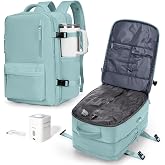 Vacuum Backpack Travel with Pump, Vacuum Seal Compression Bags For Clothing | Travel Essentials Carry on 17 Inch Laptop Work Backpack, Waterproof Personal Item Bag for Women Men Expandable Blue