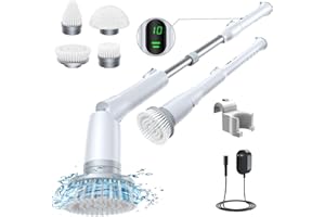 LABIGO Electric Spin Scrubber LA2 Pro, Shower Power Cleaning Brush with Display and 4 Replaceable Heads,2 Adjustable speeds, 3 Extension Handle, for Bathroom Floor Tile
