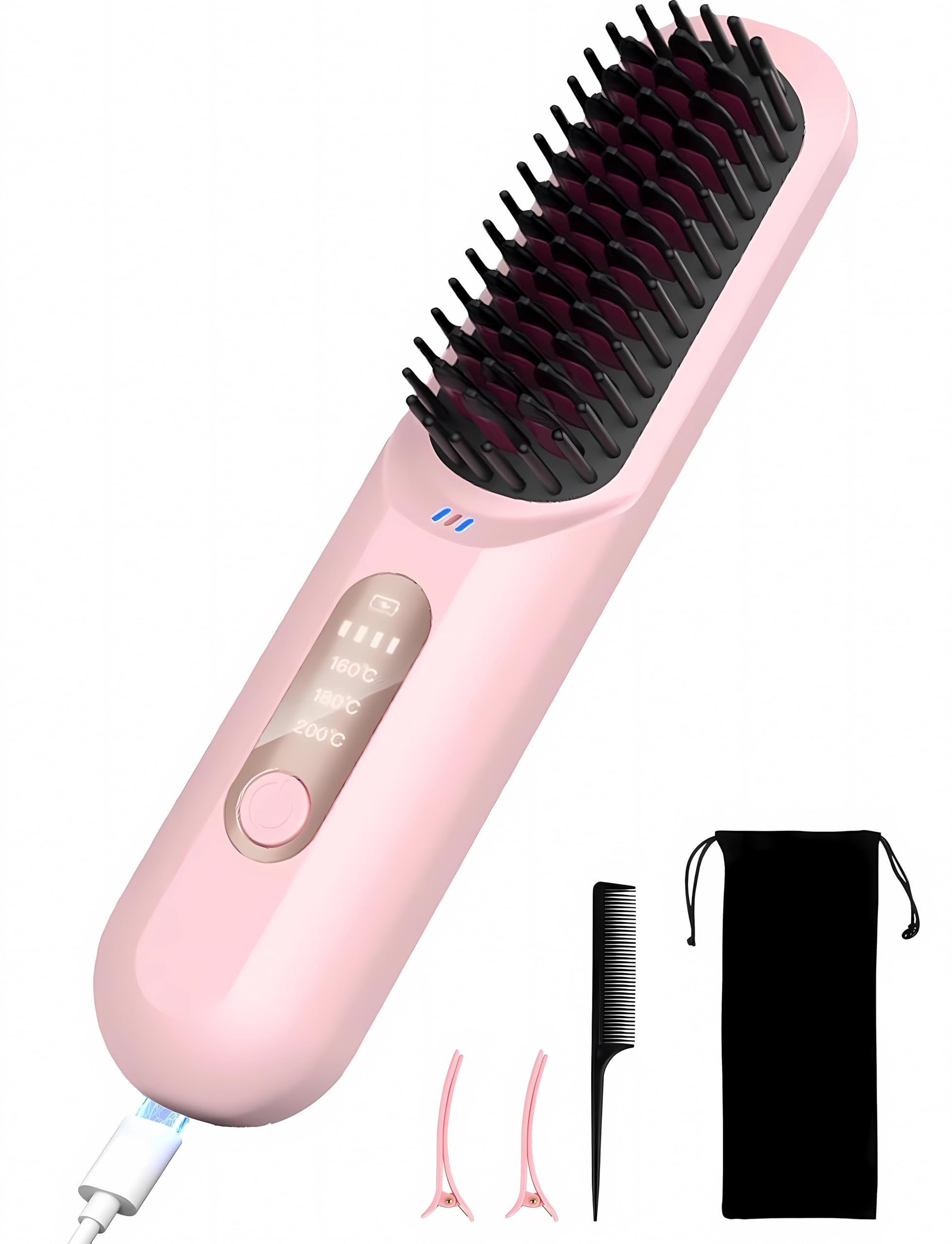 Cordless Negative Ion Hair Straightener Brush, 5000mAh Portable Heated Straightening Brush for Travel, Mini USB Rechargeable Hot Comb Hair Straightener for Women, Heated Beard Brush for Men, Pink
