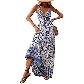 MakeMeChic Women's Summer Blue and White Floral Dress 2026 Boho Backless Maxi Sundress Spaghetti Strap Flowy Dress