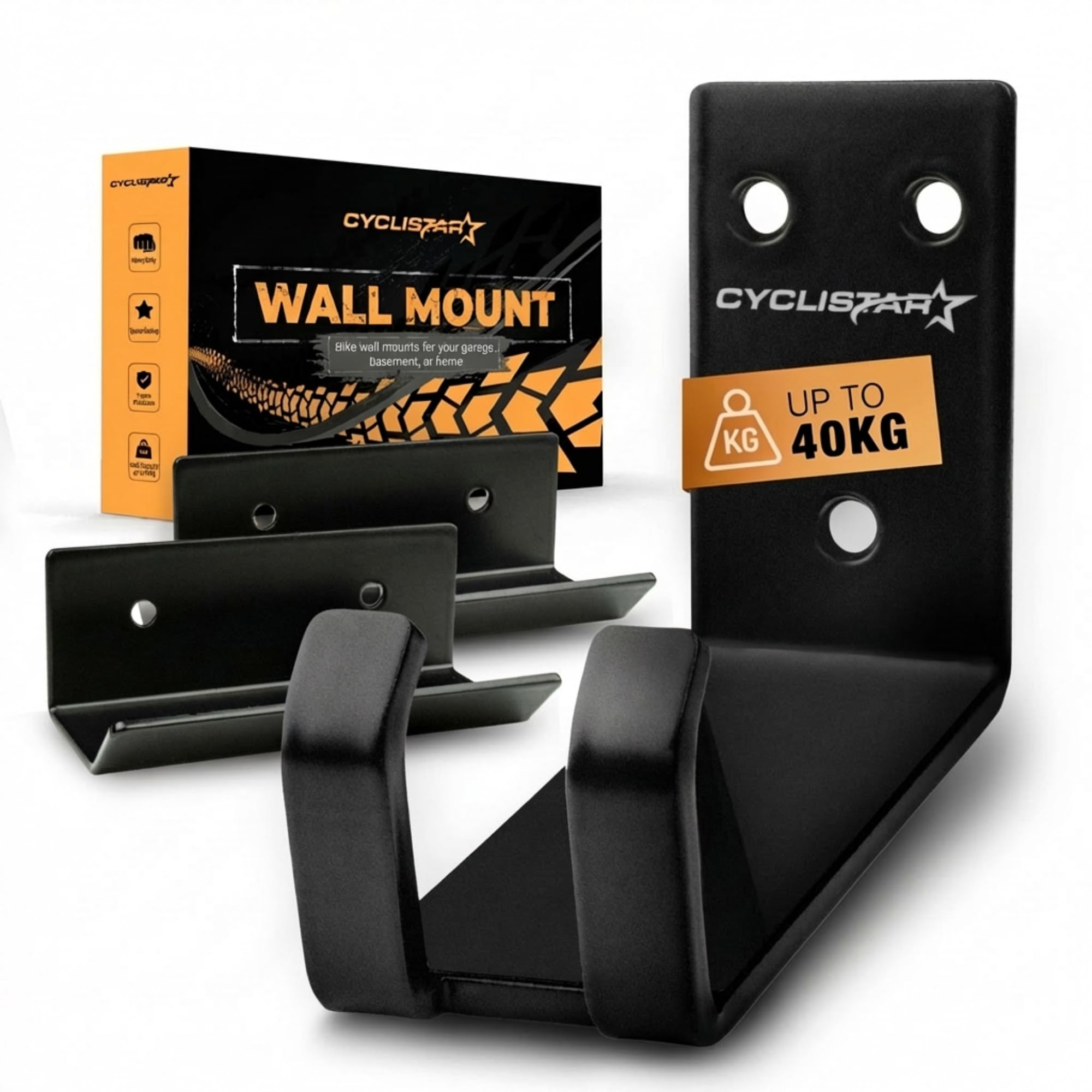 CYCLISTAR Bicycle Wall Mount up to 40kg - Robust Bicycle Mount Wall for MTB, Road Bike, E-Bike - Bicycle Holder Wall Pedal Suspension + 2x Support Brackets