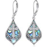 Cross/Claddagh/Celtic Knot/Filigree Earrings Sterling Silver Abalone Shell Moonstone Dangle Dangling Leverback Earrings Teardrop Jewelry Cross Gifts for Women