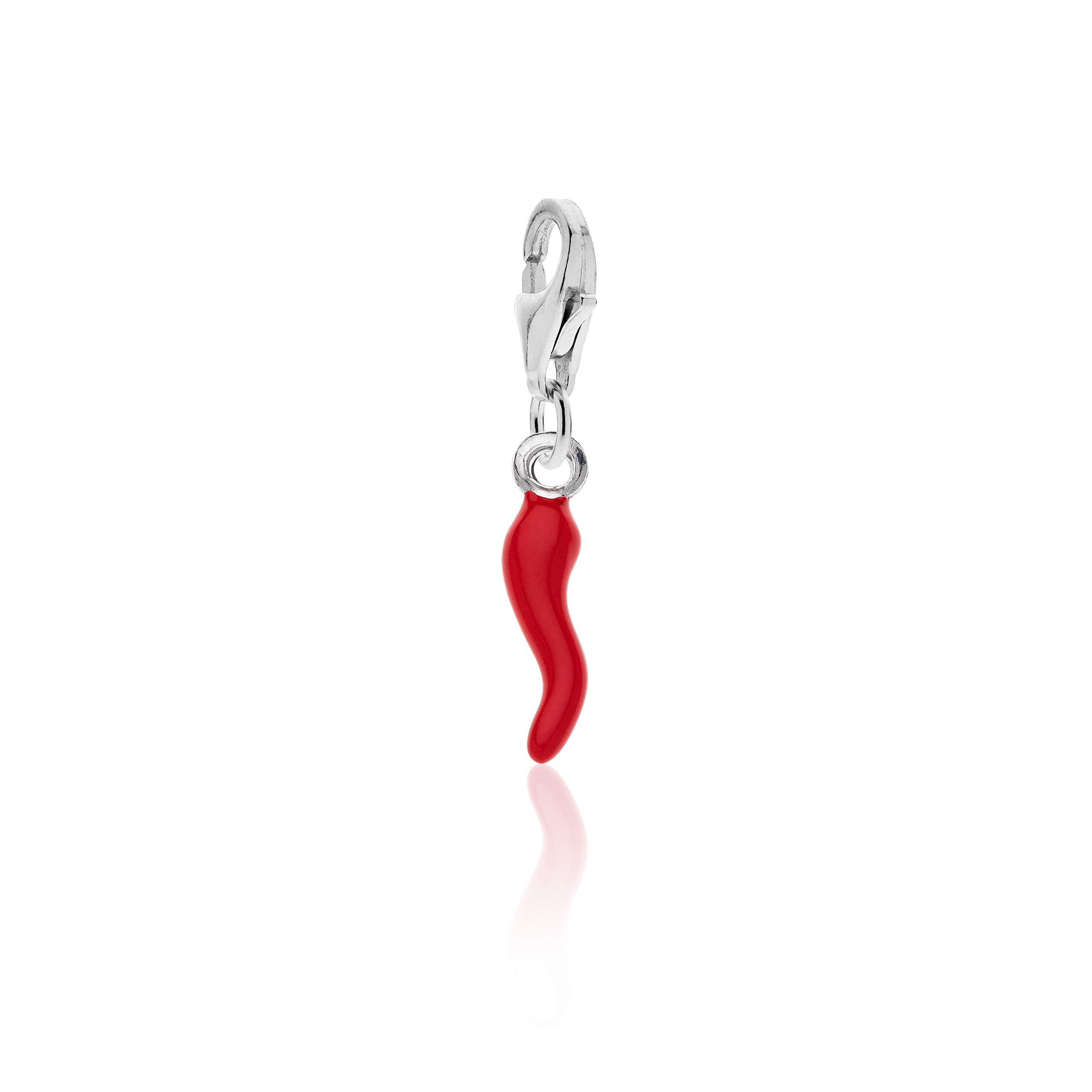Aka Gioielli® - Italian Red Horn Charm Pendant in Rhodium 925 Sterling Silver, Lucky Charm for Women and Girls