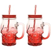 Skull Mason Jars with Handle, 16 Oz Glass Beer Mugs Gothic Wide Mouth Tumbler Cup with Straws and Lids, Novelty Pub Bar Mug Halloween Drinking Glasses for Beverage, Liquor, Mix Cocktail (2, Red)