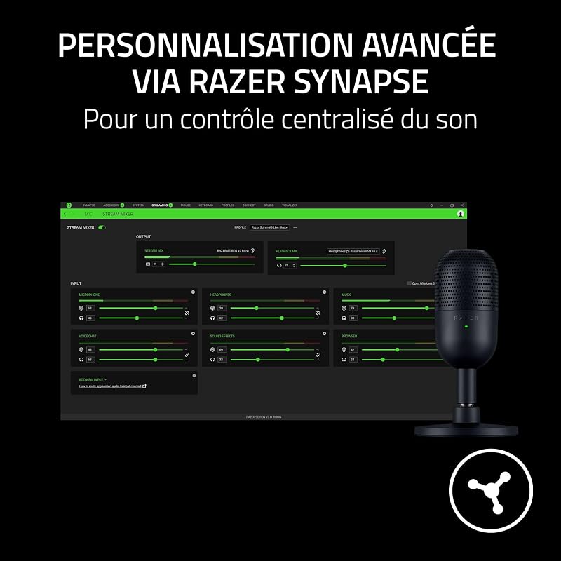 Seiren V3 Mini - Microphone USB ultra-compact (microphone à condensateur 14 mm, directivité supercardioïde, détecteur de mise en sourdine, absorbeur de chocs intégré) Noir