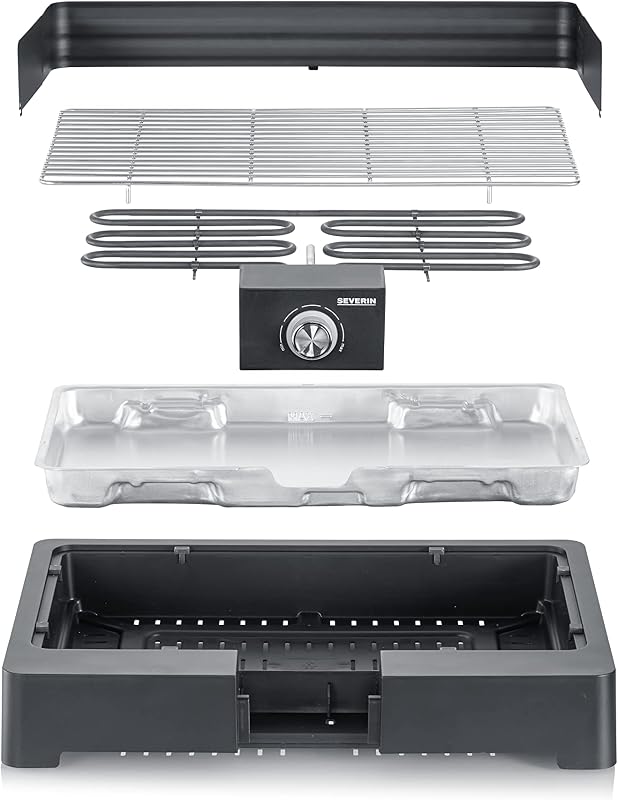 Barbecue électrique 2 200 W avec grille en inox, Barbecue de table avec pare-vent amovible, eBBQ avec bac à eau pour utilisation en intérieur et extérieur, Noir, PG 8565