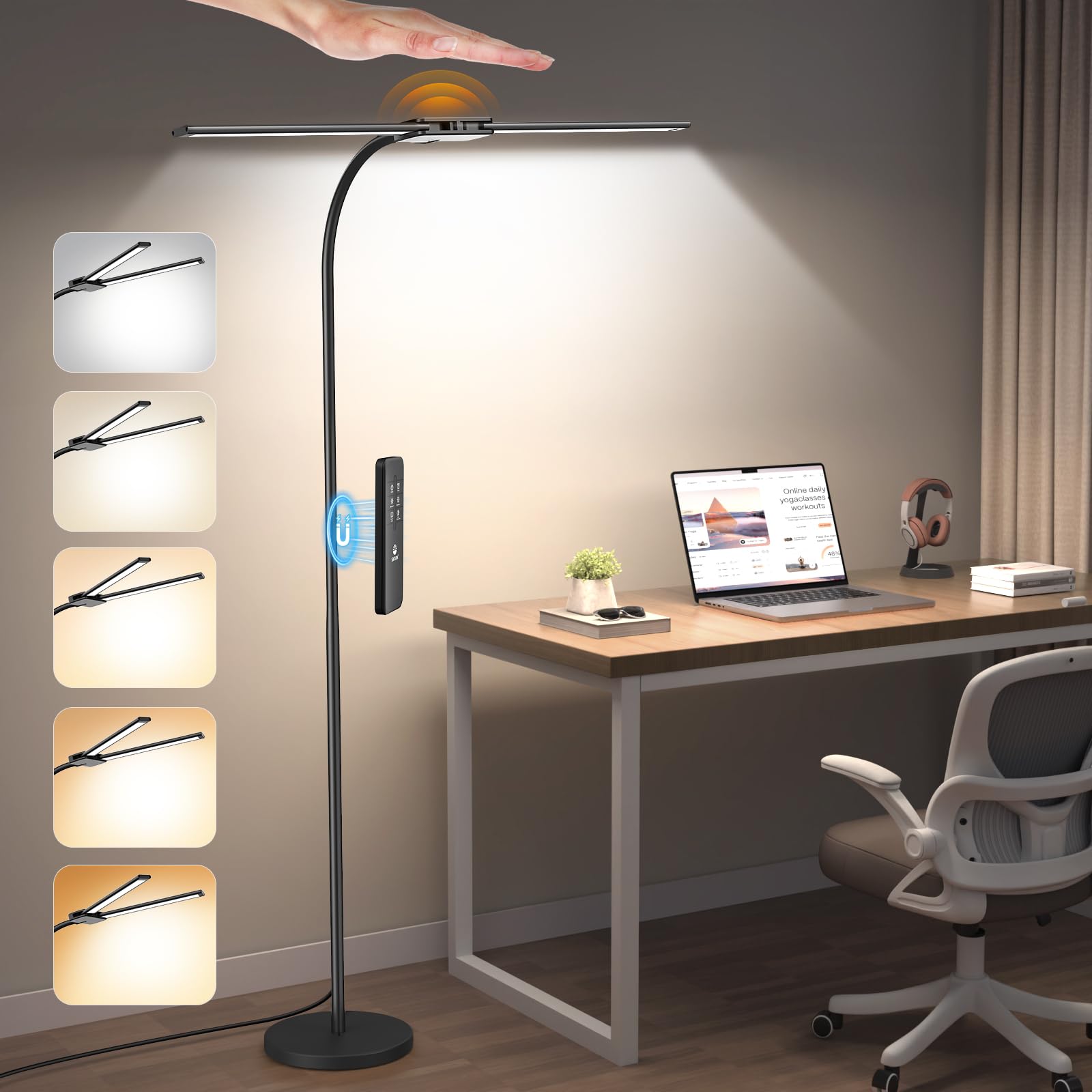 Photo 1 of Syrinx LED Floor Lamp, Dual Head Gooseneck Floor Lamps for Living Room with Gesture Switch & Remote Control, 14W Bright Tall Standing Lamp Modern Eye-Caring Reading Floor Lamp for Bedroom Office
