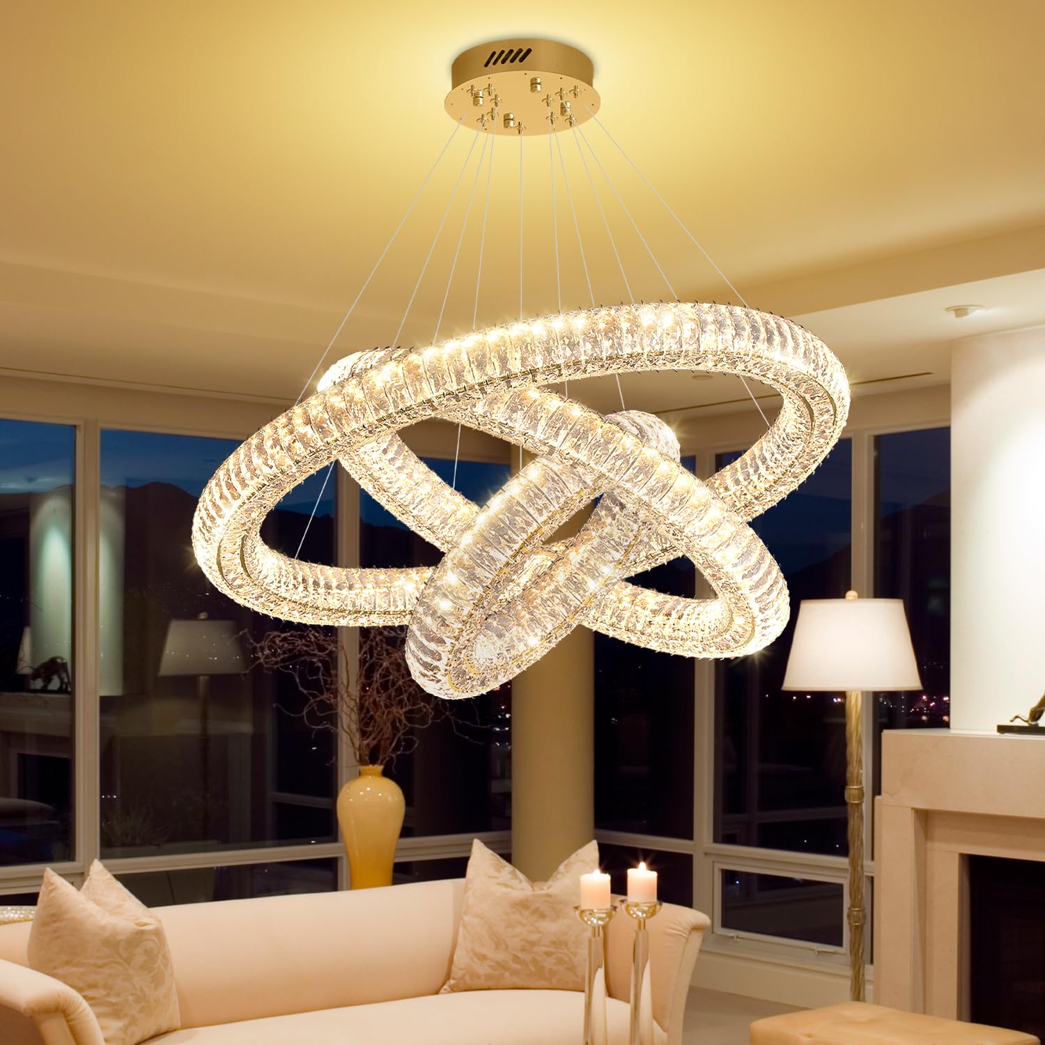 Photo 1 of IDEQUY Gold 3 Rings Crystal Chandeliers for Living Room Modern LED Dimmable Crystal Ring Hanging Pendant Light Adjustable D24in+D32in+D40in