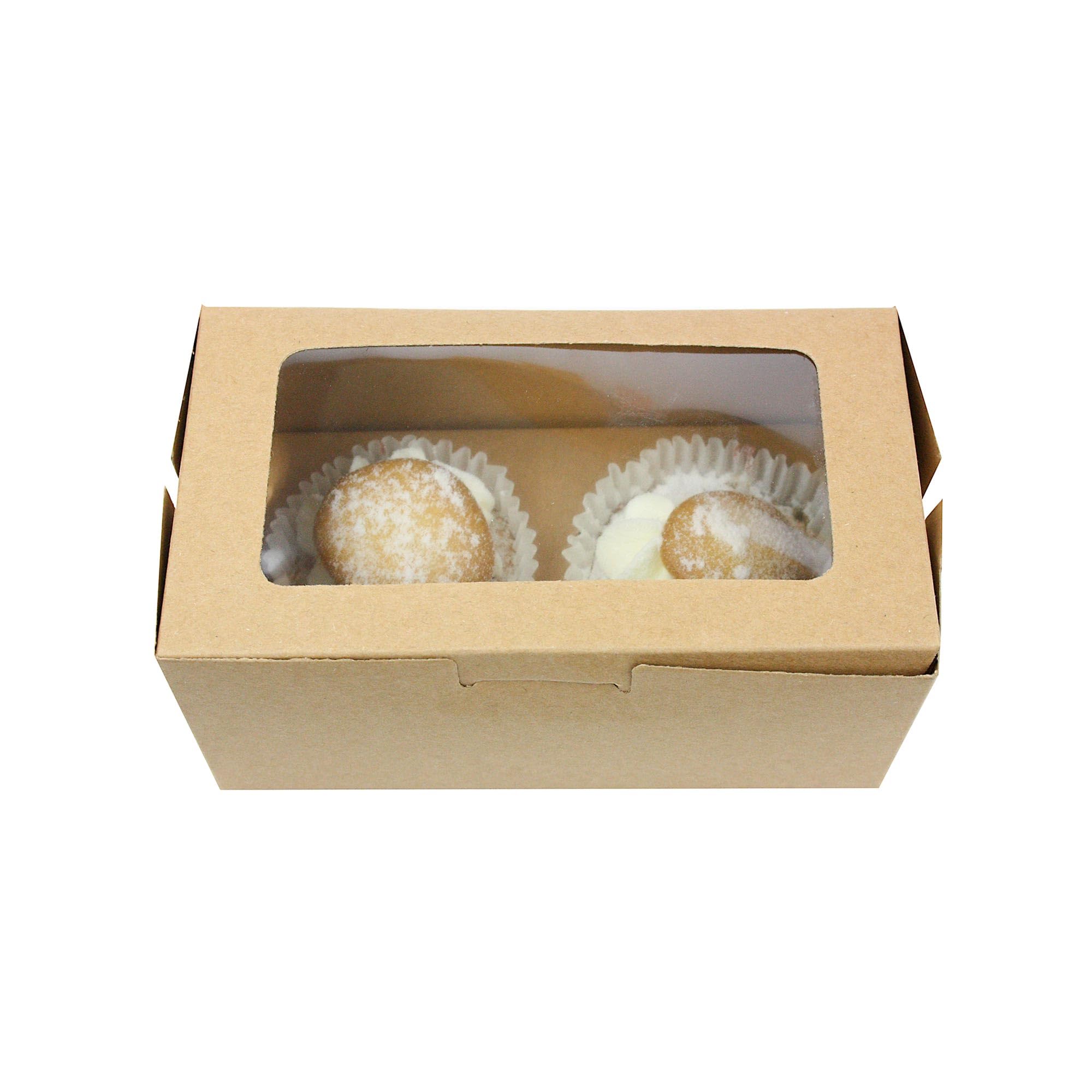 Emartbuy Kraft Bakery Cupcake Muffin Party Boxes Containers with Clear Window Cardboard Insert Holds 2 Cupcakes - Pack of 36