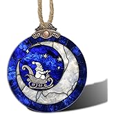 AMDERVEN Stained Glass Christmas Decorations, Santa Claus On The Moon Suncatcher for Window Christmas Tree Hanging Ornaments Blue White Sun Catcher Xmas Decor Gifts for Women Men Mom Nana Friend