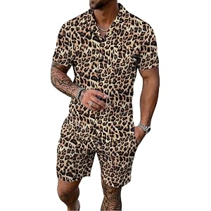 SWOMOG Mens Summer Short Sets Hawaiian 2 Piece Beach Shirts Modal Button Down with Pockets & Drawstring M-3XL