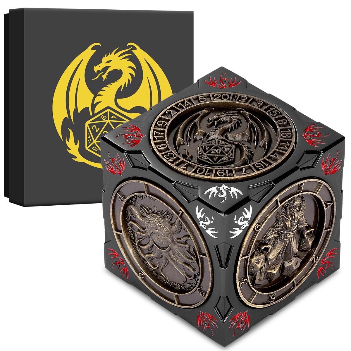 New DND Spinner Dice, 7-in-1 Metal Dice Set, 3D Relief Design, DND Polyhedral Rotating Game Dice, D&D Gifts with Dragon Logo Gift Box, RPG, Role Playing Board Game Accessories, Black — image 1